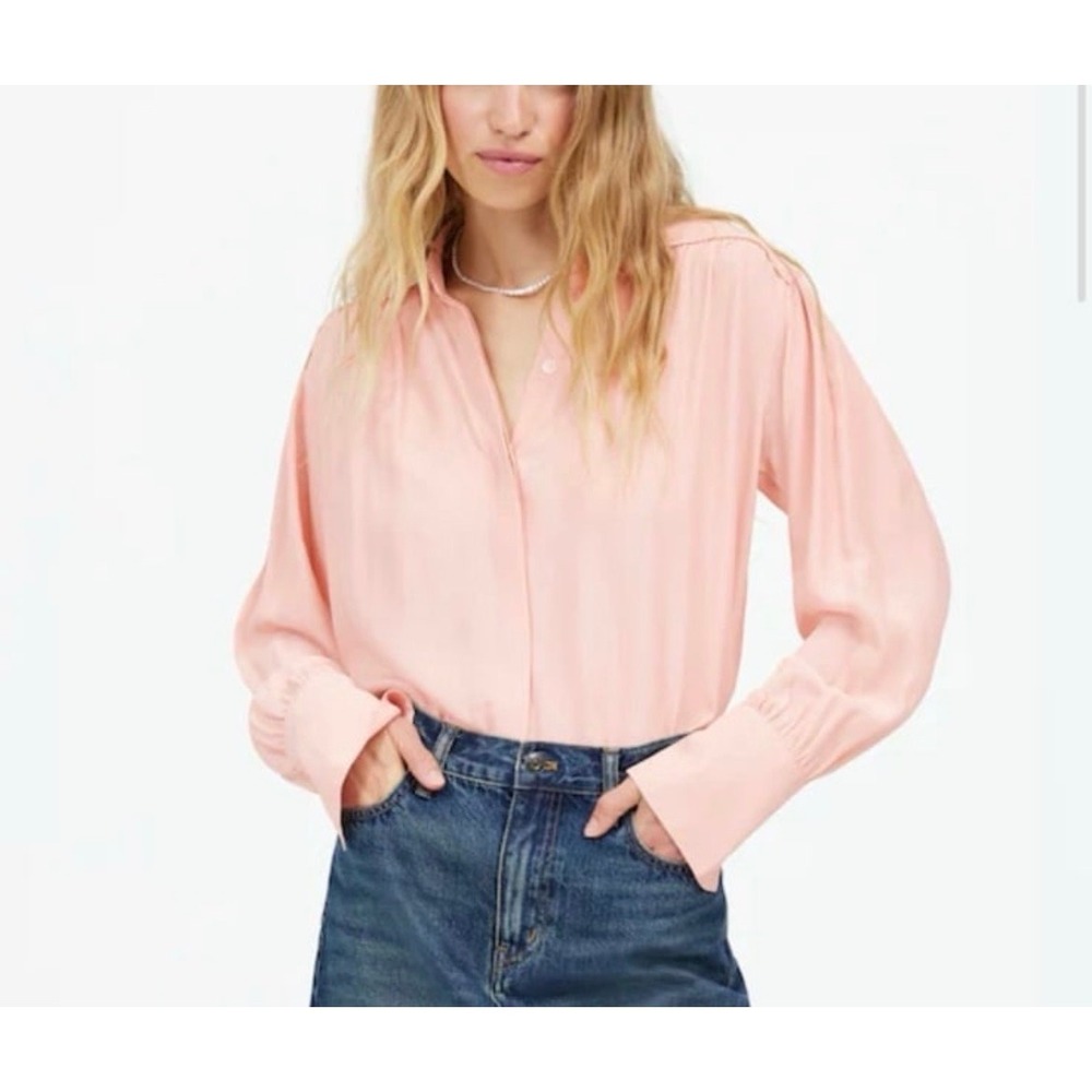 Madewell Crepe De Chine Button Up Shirt Women XL Pink Long Sleeve Blouse Flowy